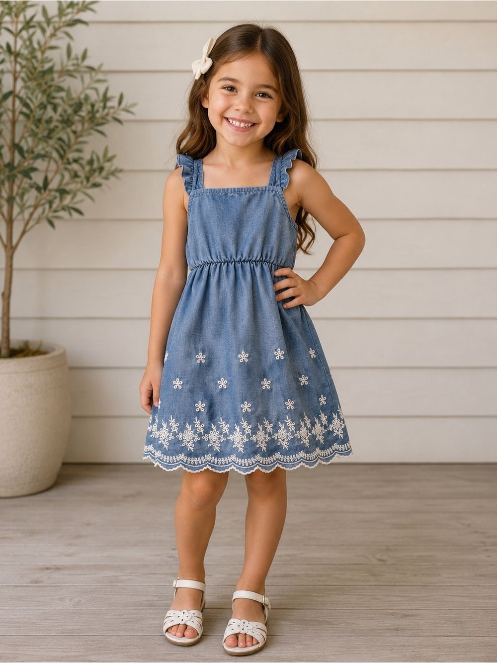 HEART AND ARROW Chambray Embroidered Ruffle Boutique Party Summer Sundress 6 6X